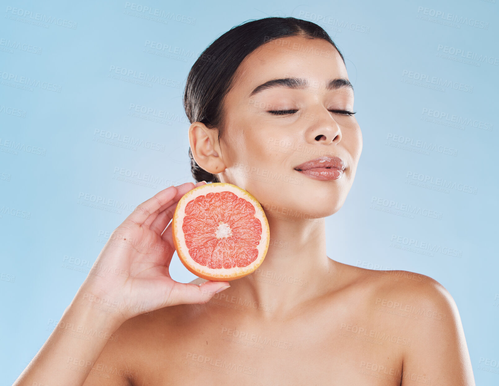 Buy stock photo Skincare, wellness beauty woman with grapefruit in hand with healthcare, cosmetic health and face model in studio. Portrait of girl skin, healthy fruit diet with vitamins and nutrition.