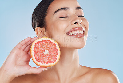 Buy stock photo Beauty, woman and grapefruit with eyes closed for skin cosmetic lifestyle mock up background. Youth, skincare and grooming wellness product for anti aging treatment for girl with cute face.

