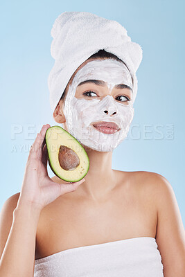Buy stock photo Avocado, skincare and woman with facial face mask for cleaning, detox and healthy pores in a beauty portrait. Wellness, peeling and dermatology cosmetics lotion for natural cream product treatment 