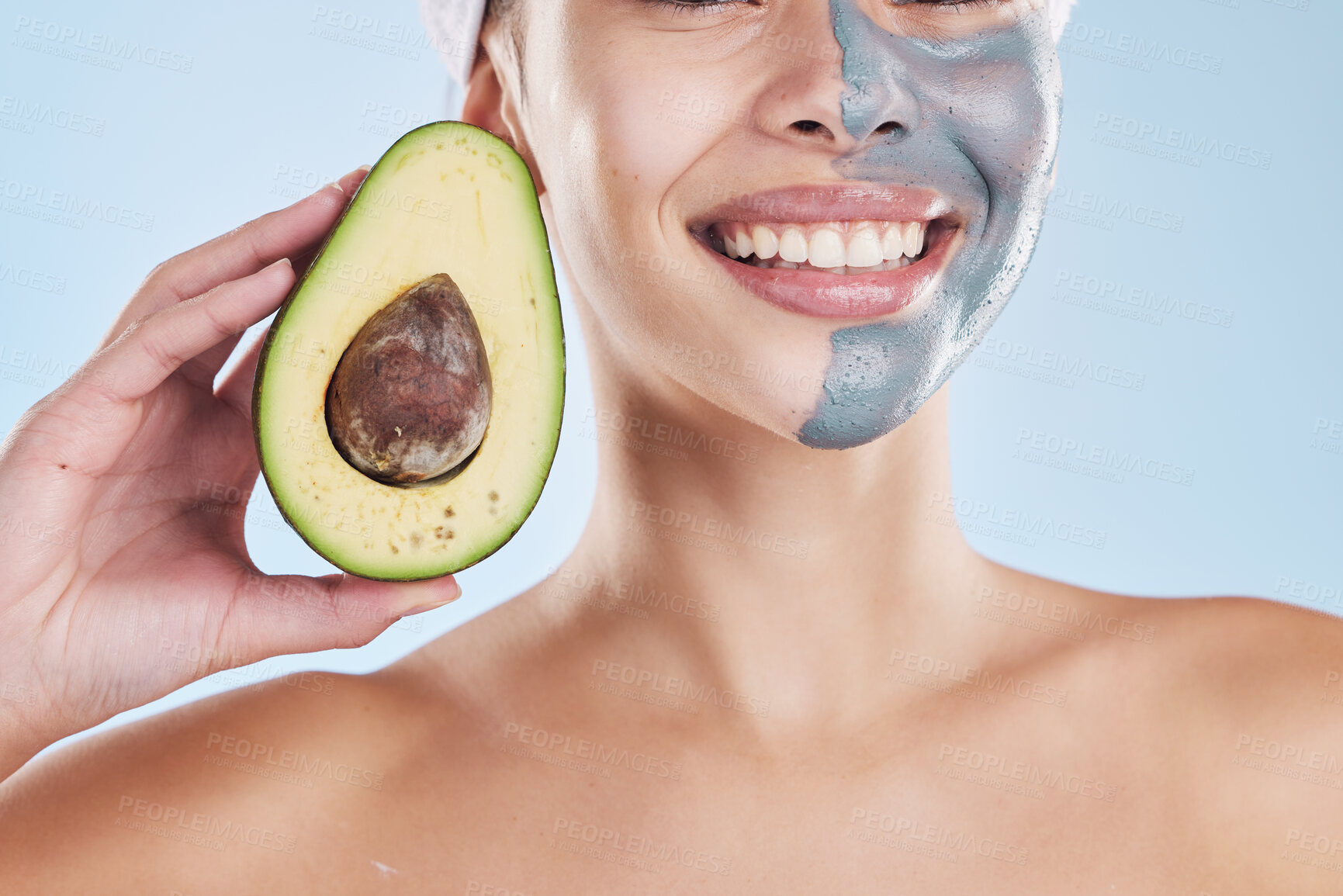 Buy stock photo Skincare, beauty and woman with avocado face mask peel for diy home beauty salon facial treatment. Girl with organic food product or fruit mask for health, wellness or cosmetic spa skin acne cleaning