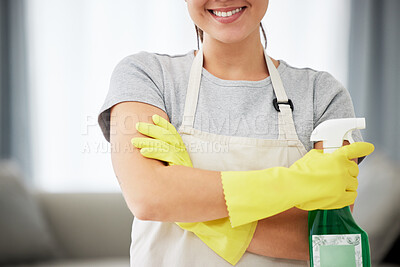 Buy stock photo Gloves, cleaning and woman with arms crossed, spray bottle and product for house work, clean surface or job. Cleaner, service and maintenance with a maid, helper or worker with bacteria safety