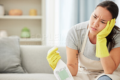 Buy stock photo Product, maid and woman tired from cleaning furniture, counter and table in apartment living room. Housework, exhausted and frustrated worker with spray bottle to clean with products in hands