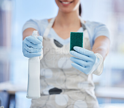 Buy stock photo Hygiene, woman with sponge and bottle with detergents at her home with rubber gloves. Healthcare or germs, clean for bacteria and female person with cleaning equipment for health wellness at house