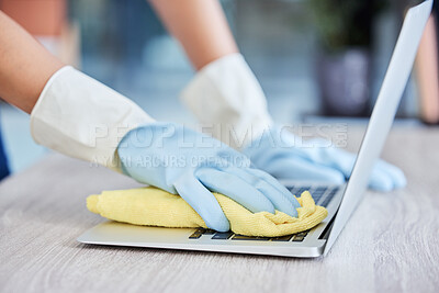 Buy stock photo Hands, cleaning laptop keyboard with cloth, wipe away dust and bacteria with disinfectant with hygiene and closeup. Person with gloves clean pc, technology and office maintenance with cleaner service