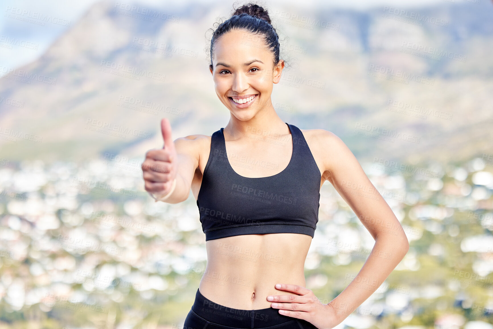 Buy stock photo Happy woman, fitness and thumbs up for workout, success or winning on mountain training in nature. Portrait of female person, athlete or runner with thumb emoji, yes sign or like for healthy wellness