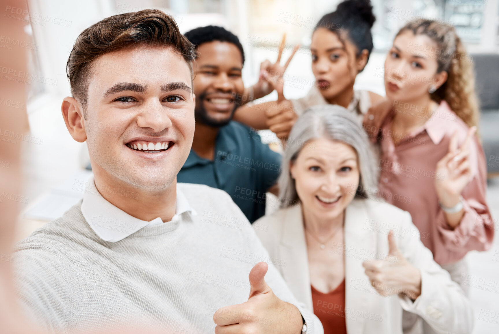 Buy stock photo Diversity, group and happy selfie of business team or creative company smile and pose together. Smile, colleagues and office workers in picture of people in collaboration for about us website