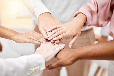 Buy stock photo Hands stacked, support and group of people for teamwork, collaboration and community, team building and startup goals. Mission, celebration and together sign of person in circle of project or target