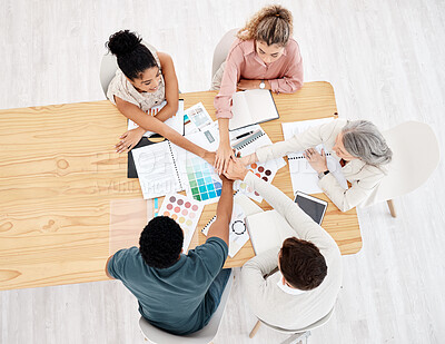 Buy stock photo Diversity, top view of colleagues hands stack and planning in meeting at office. Hand together for collaboration or teamwork, brainstorming or goals and group with motivation, strategy and support