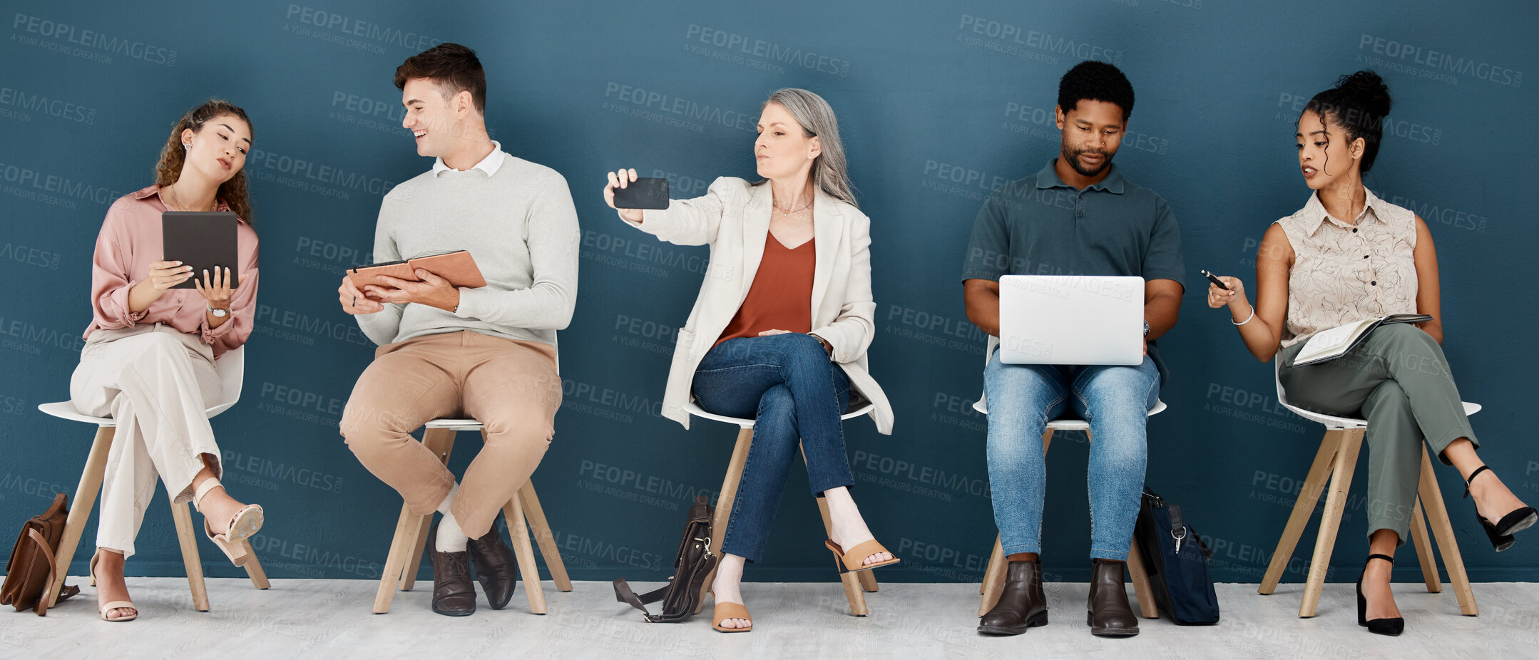 Buy stock photo Hiring, technology and business people waiting for job interview, vacancy and opportunity in office. Recruitment, diversity and men and women on phone, tablet and laptop to prepare for hr meeting