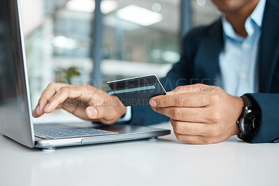 Buy stock photo Credit card, business man hands and laptop with online banking, payment and ecommerce store. Office, male professional and corporate worker with web shopping on an internet retail shop at work