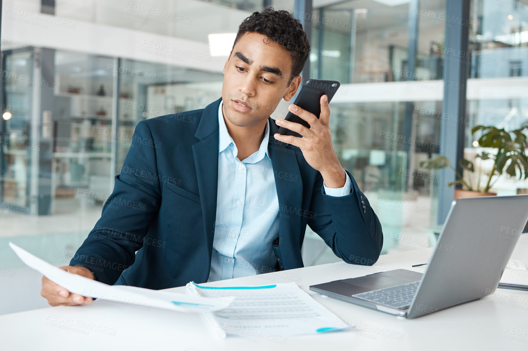 Buy stock photo Business man, voice note and phone call in a office with conversation and document report. Company, auditor and finance agency employee with communication and discussion with corporate information