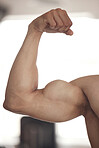 Closeup of one fit mixed race man flexing his biceps to show big strong muscles from regular exercise in a gym. Bodybuilder with toned arms and sexy physique. Athlete proud of physical progress and powerful form