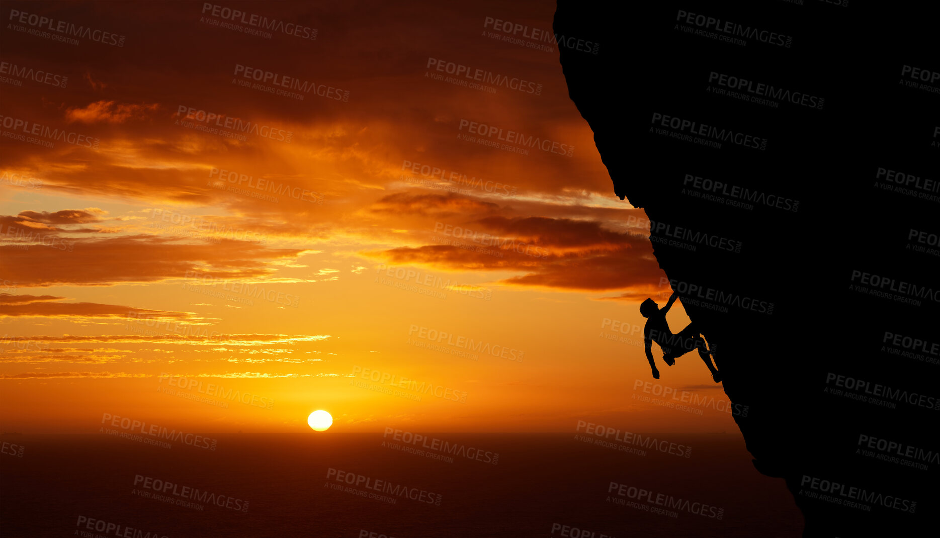 Buy stock photo Climbing mountain, sunset silhouette and man sports exercise for fitness, rock training in nature and workout during travel in Canada. Athlete with freedom against orange sunset sky background 