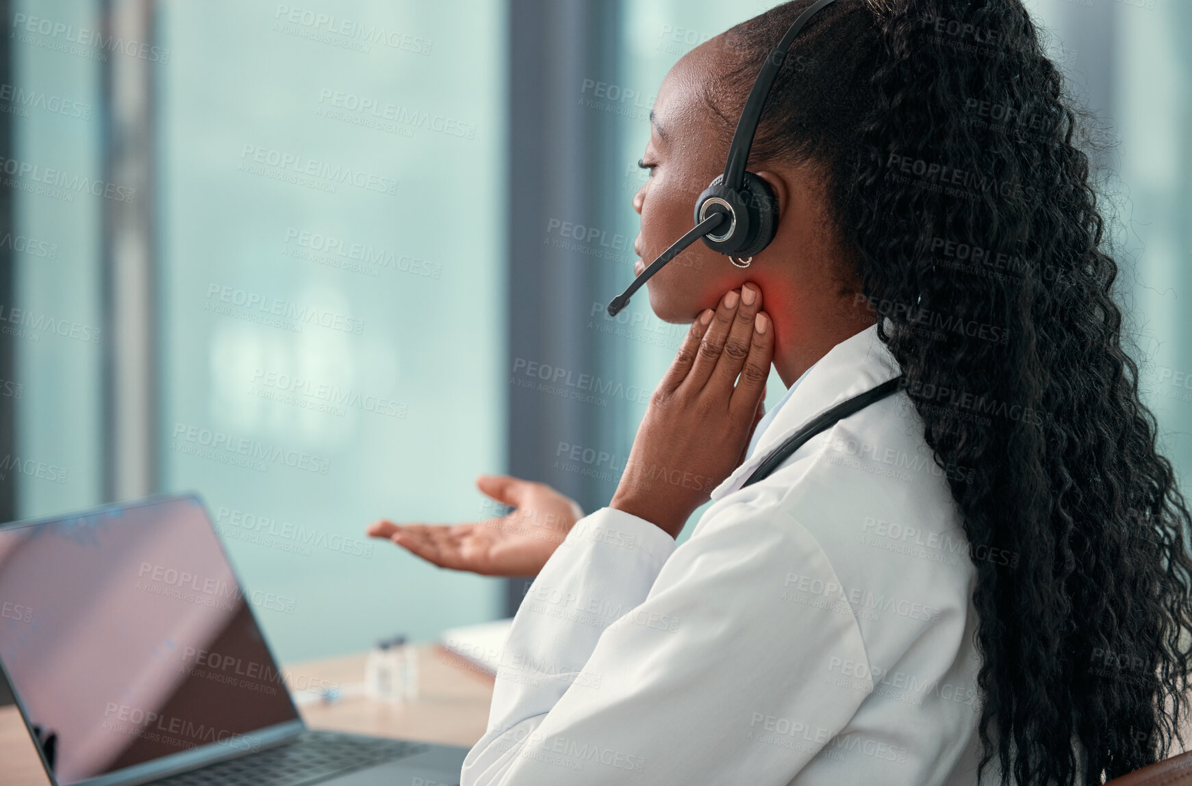 Buy stock photo Call center, healthcare and doctor helping, red throat and overlay for telehealth service, thyroid exam or virtual support. African woman or medical agent on laptop, web video and throat pain advice