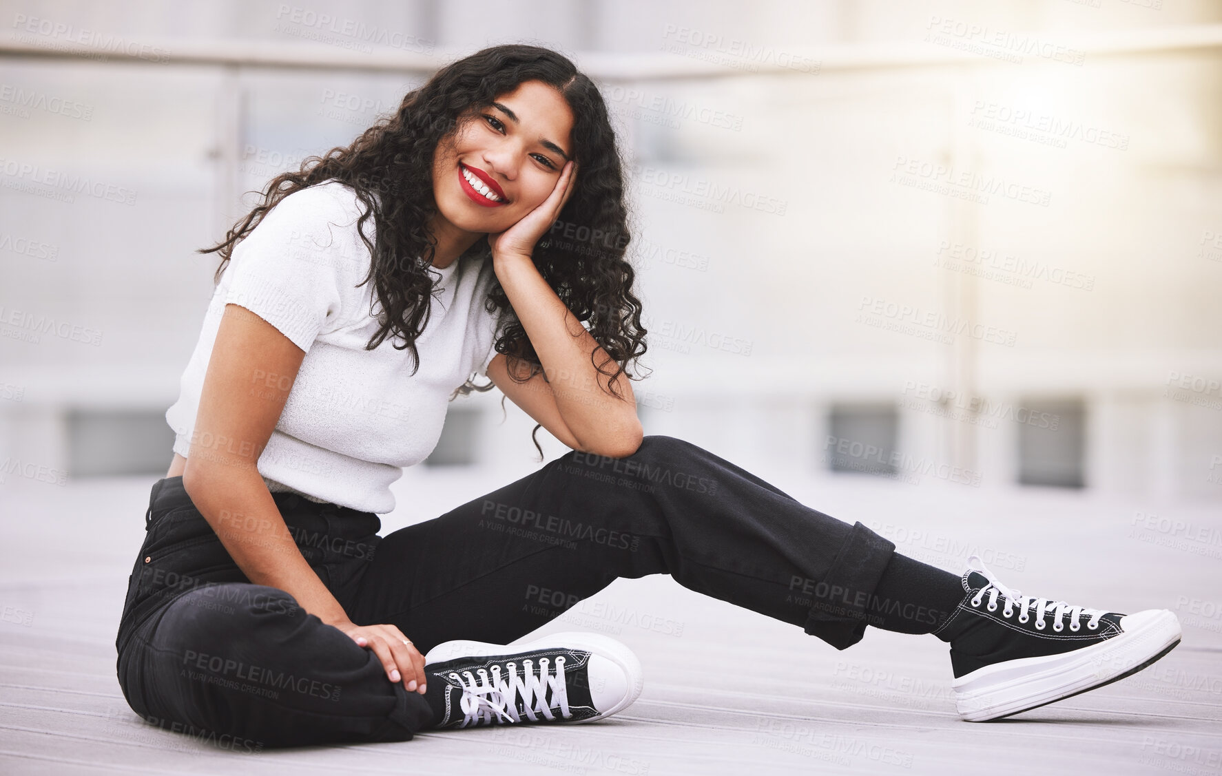 Buy stock photo Fashion style and woman relax, sitting on a balcony with views of a city, relax outside and smile. Happy, carefree and trendy female, summer fun alone, enjoying fresh air and free time on weekend