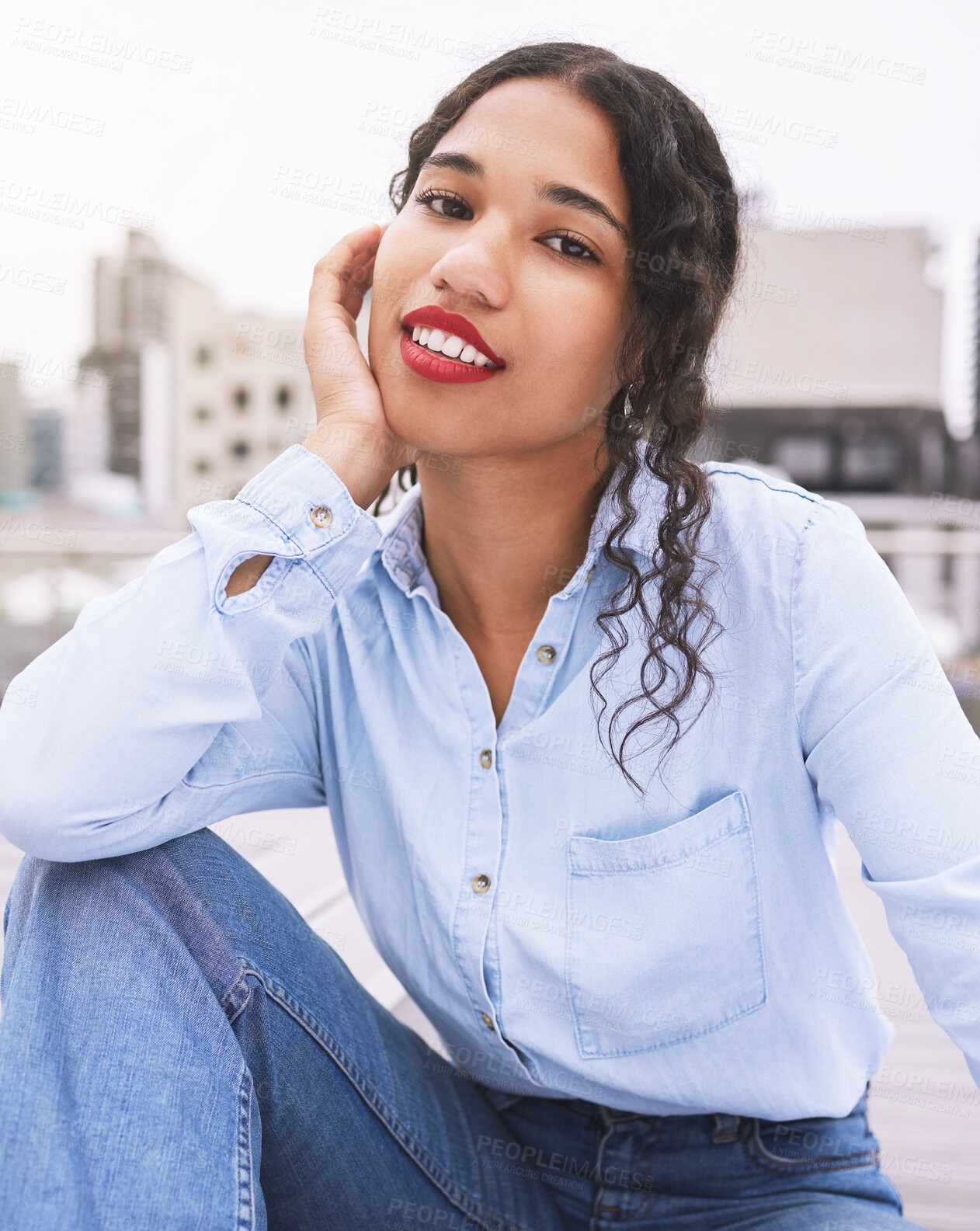 Buy stock photo Travel, fashion and woman student relax in an urban city, excited and carefree while sitting outdoors. Portrait of a young fashion designer exploring a new town for design, trends and inspiration 