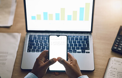 Buy stock photo Phone mockup, business person and data analysis on laptop screen, financial research and increase or growth in graphs. Charts, stats and financial people hands on mobile app, ux ui space and computer