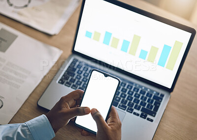 Buy stock photo Phone space, business person and data analysis on laptop screen, financial research and increase or growth in graphs. Charts, stats and financial people hands on mobile app, ux ui mockup and computer