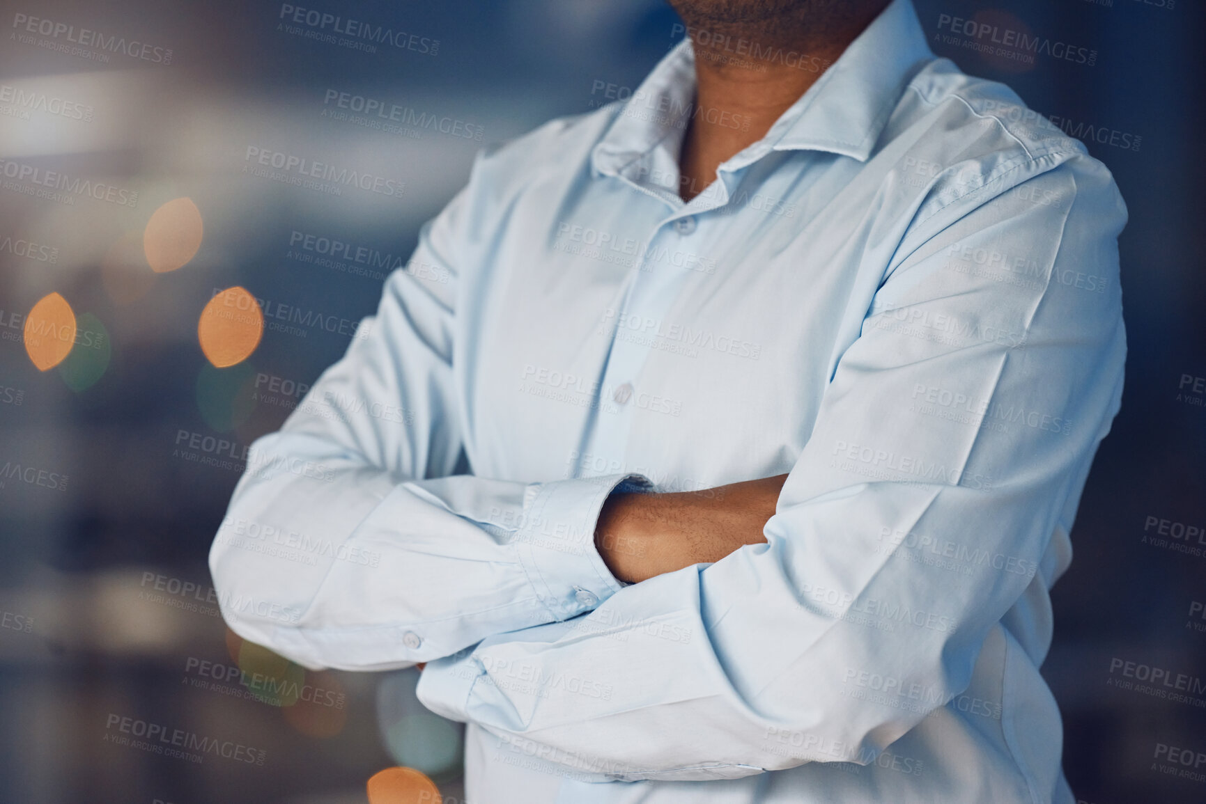 Buy stock photo Office, crossed arms and closeup of business man for planning, confidence and company pride. Corporate worker, professional and hands of worker ready for career, work and job opportunity in workplace