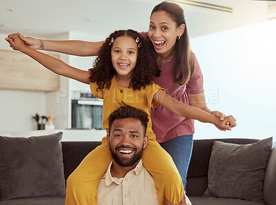 Buy stock photo Mom, daughter and dad in home with plane game, portrait and smile together with bonding, love and happiness. Parents, happy kid and airplane games in family house with care, playing and living room