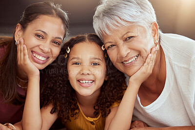 Buy stock photo Portrait, generations and relax with family on floor of living room for bonding, smile and love. Happiness, trust and face of grandmother with young child and mom at home for solidarity and support