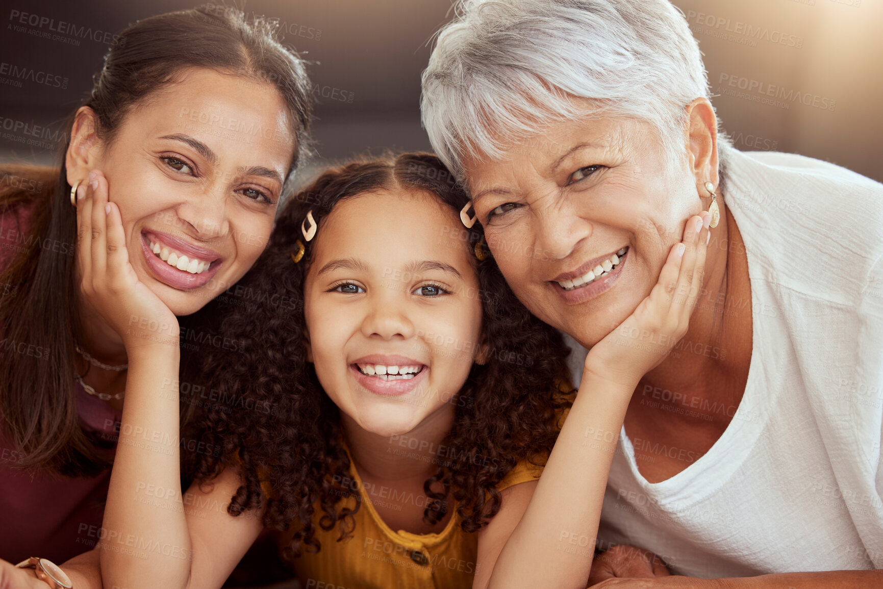Buy stock photo Portrait, generations and relax with family on floor of living room for bonding, smile and love. Happiness, trust and face of grandmother with young child and mom at home for solidarity and support
