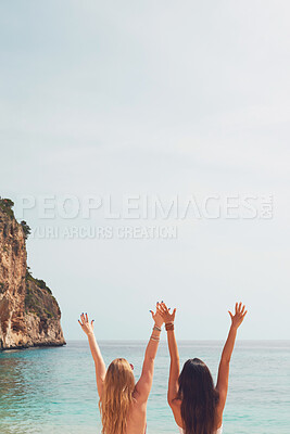 Buy stock photo Adventure beautiful friends arms raised on paradise beach on destination summer wanderlust vacation