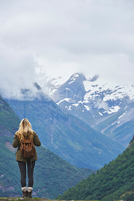 Buy stock photo Travel adventure woman enjoying view of majestic glacial valley on exploration discover beautiful earth