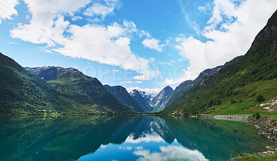 Buy stock photo Majestic beautiful fjord landscape in Norway Fjord lake mountain snow water reflection glacial valley