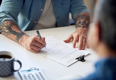 Buy stock photo business people hands signing contract document for corporate partnership deal