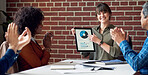 happy business woman using digital tablet computer presenting financial data on screen with colleagues clapping hands congratulating successful solution