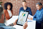 businessman using digital tablet computer presenting financial graph data on screen discussing finance in office meeting with colleagues