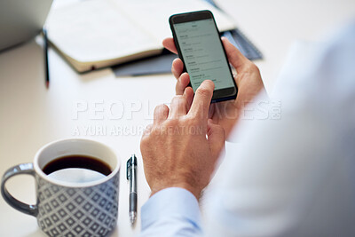 Buy stock photo Businessman hands working on phone screen with coffee in a office online on a mobile. Digital, internet and web app of a business man planning a web email or strategy for a project on a worker desk