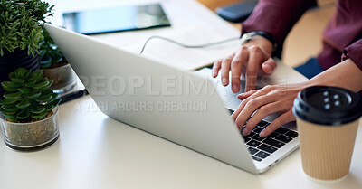 Buy stock photo Laptop, office and business woman hands typing on keyboard for email, internet search or copywriting in marketing or social media management. Productivity and person with tech website administration