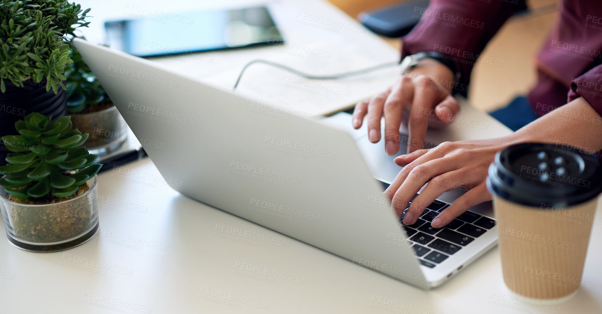 Buy stock photo Laptop, office and business woman hands typing on keyboard for email, internet search or copywriting in marketing or social media management. Productivity and person with tech website administration