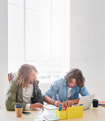 Buy stock photo College students working together two young men brainstorming ideas for project sitting at desk using laptop computer in class