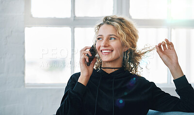 Buy stock photo Beautiful woman using smartphone having phone call smiling enjoying conversation at home