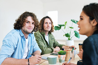 Buy stock photo Creative, business meeting and teamwork planning, brainstorming and discussion of strategy job at company office. Young design and startup agency management people sitting, working and collaboration
