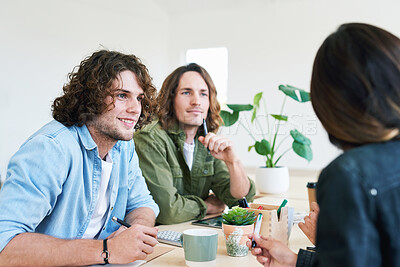 Buy stock photo Startup business meeting, communication and teamwork collaboration from young team working on success strategy. Planning, marketing and gen z men and woman brainstorming advertising idea together