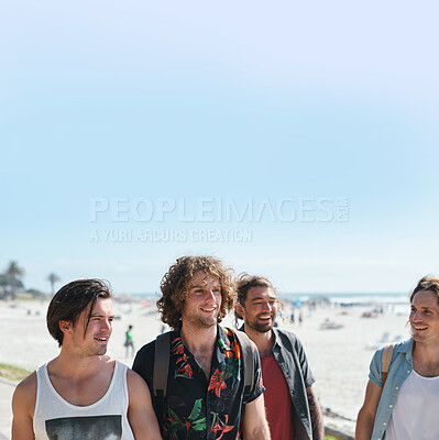 Buy stock photo group of male friends on beach enjoying summer holiday students having fun on vacation attractive guys hanging out on beachfront