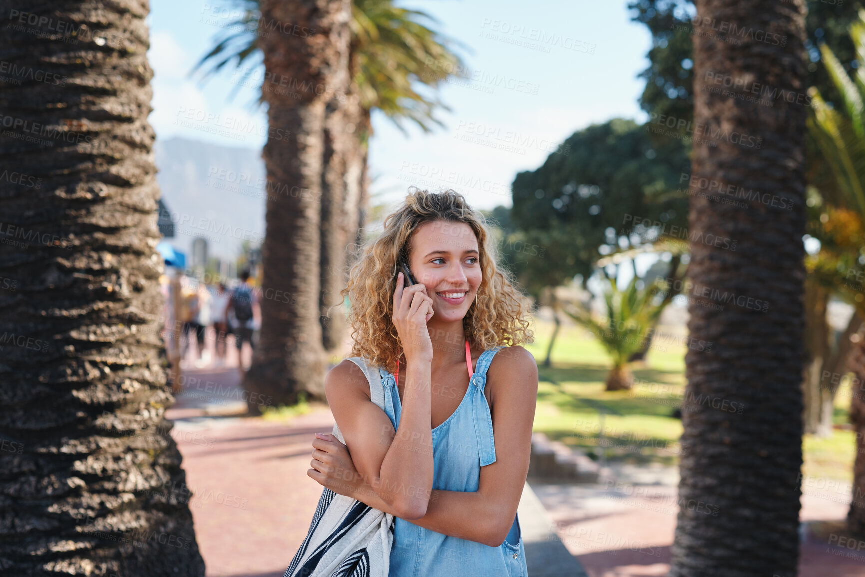 Buy stock photo Beautiful tourist woman using smartphone on beachfront having phone call chatting on mobile phone enjoying summer vacation