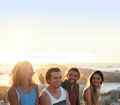 Buy stock photo group of friends on beach enjoying summer holiday students having fun vacation hanging out on beachfront at sunset