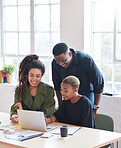 Two business women students using laptop computer team leader man helping with project sharing ideas training colleagues