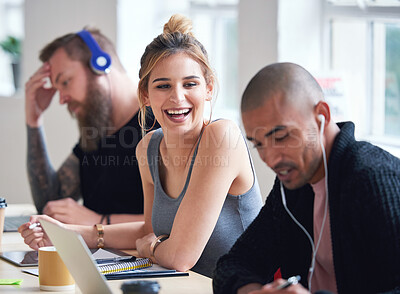 Buy stock photo College, friends and girl laughing in library with student doing group project, working and studying together. Education, university and students in class talking, discuss and use notes and laptop