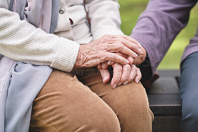 Buy stock photo Empathy, support and senior couple holding hands in a park with kindness, care and solidarity. Hope, comfort and old people outdoor with compassion, respect and understanding, love and sympathy