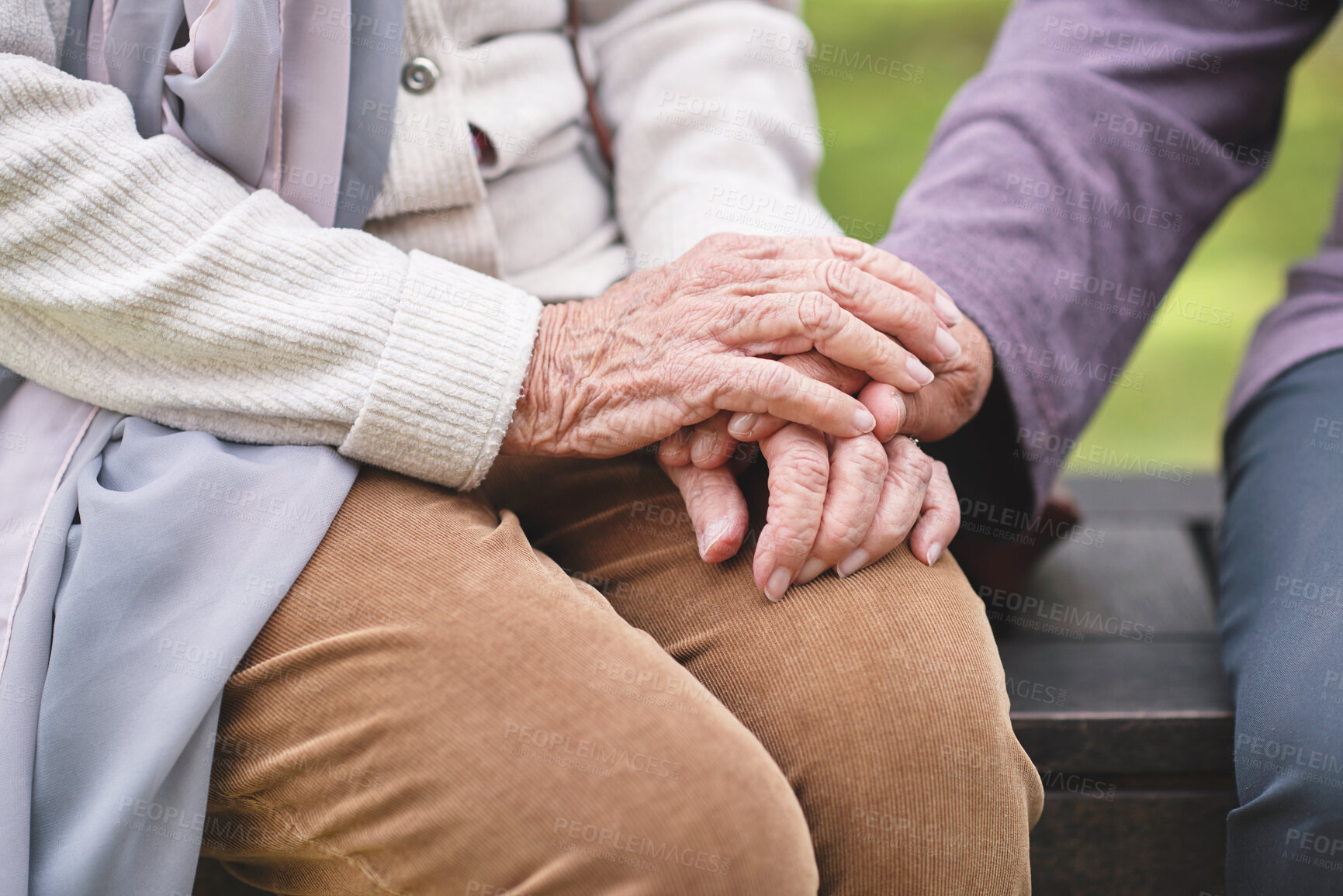 Buy stock photo Empathy, support and senior couple holding hands in a park with kindness, care and solidarity. Hope, comfort and old people outdoor with compassion, respect and understanding, love and sympathy