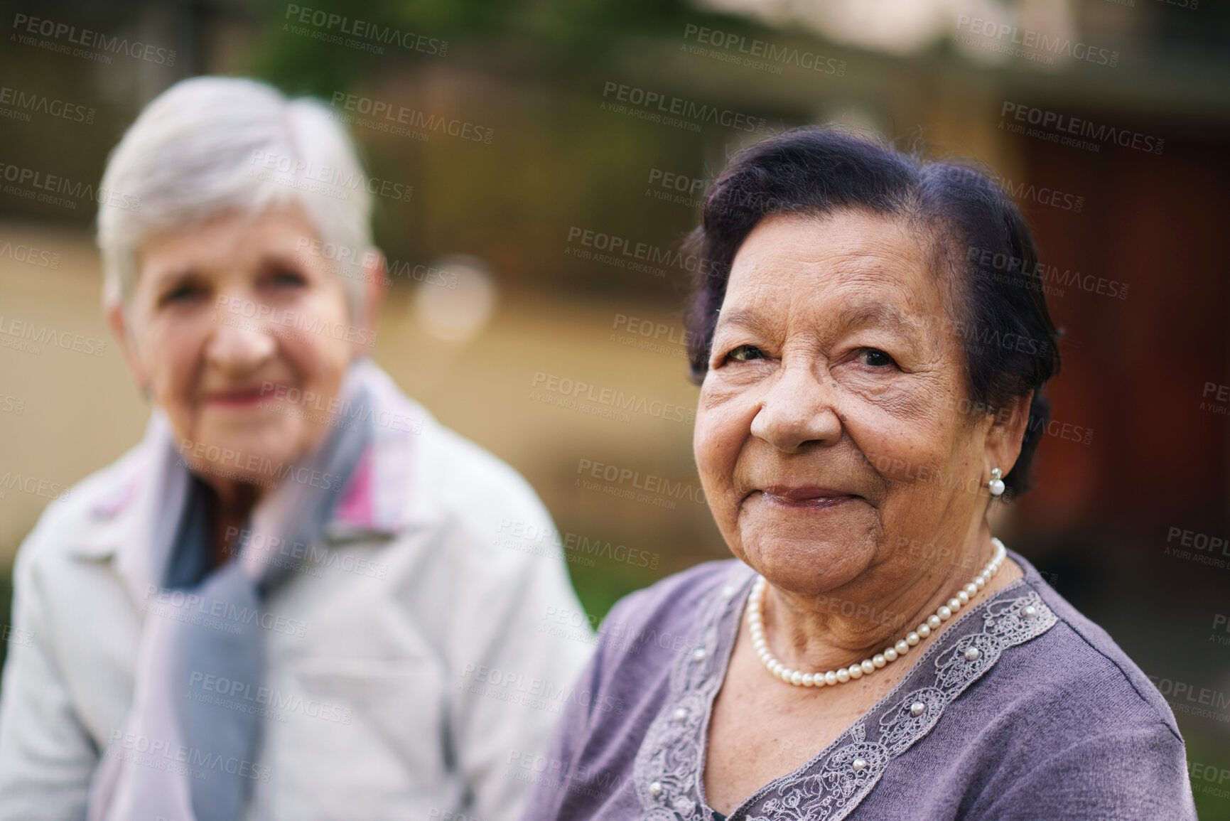Buy stock photo Portrait, outdoor and senior women with a friend, retirement and cheerful with joy, bonding together or weekend break. Face, elderly people and park for fresh air and relaxing with care on vacation