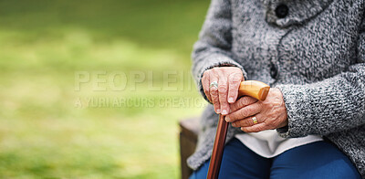 Buy stock photo Park walking stick and hands of senior woman on bench for fresh air, wellness and nature. Retirement. outdoors and closeup of elderly person with cane in garden for balance, disability and support