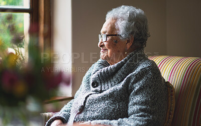 Buy stock photo Window, thinking and elderly woman in nursing home, reflection and remembering past life. Senior person, hope and contemplating future or memory, nostalgia and wellness in retirement or dreaming