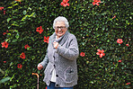 Funny old woman dancing listening to music on smartphone wearing earphones smiling enjoying fun celebrating retirement in garden with flower wall